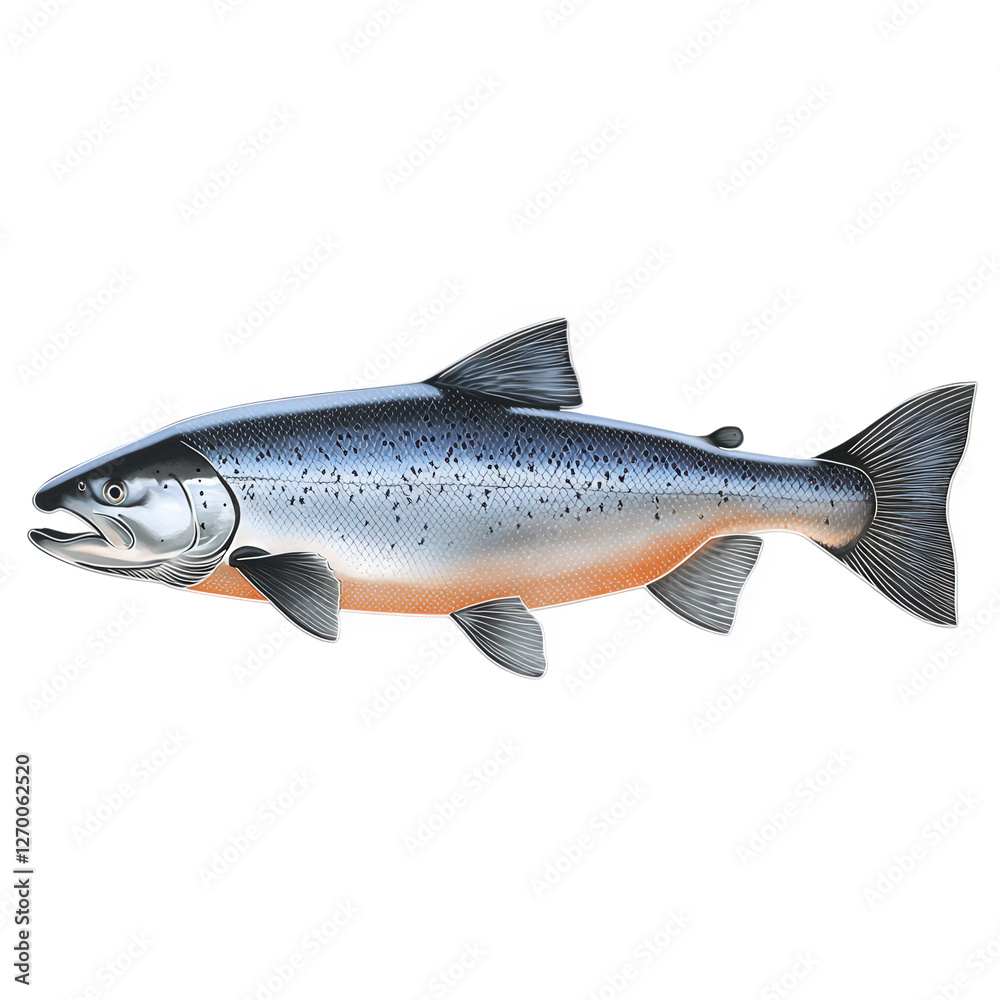 Obraz premium cut-out style illustration of a fresh salmon, streamlined body with silver-blue hues, gentle shading to highlight texture, transparent background, PNG