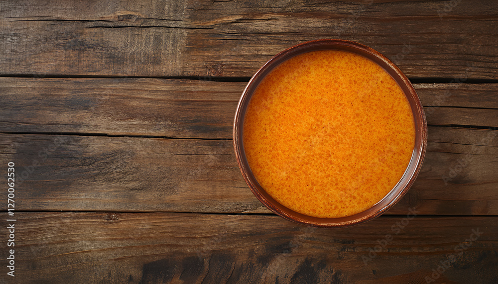 Red Lentil Soup on wooden background, top view, copy space. Traditional turkish or arabic lentil and vegetable spicy soup, healthy vegan food