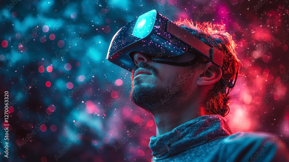 Man Immersed in Virtual Reality Wearing Pixelated VR Headset with Dazzling Light Effects Man Immersed in Virtual Reality Wearing Pixelated VR Headset with Dazzling Light Effects