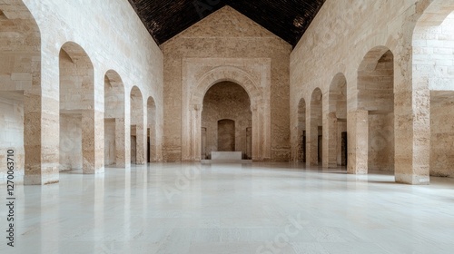 Empty light-filled hall inside ancient beige stone building