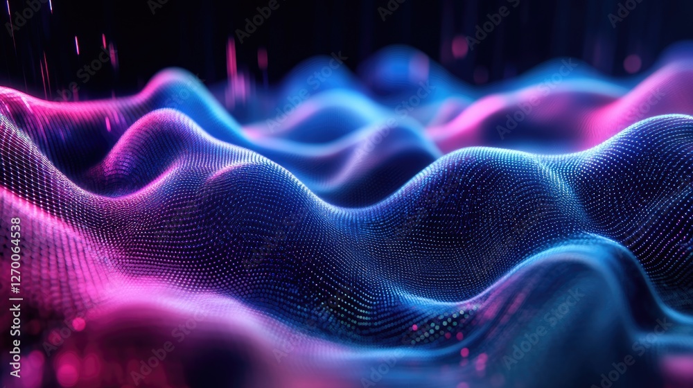 Fototapeta premium Smooth abstract neon waves in pink and blue hues, blending into a high-tech aesthetic.