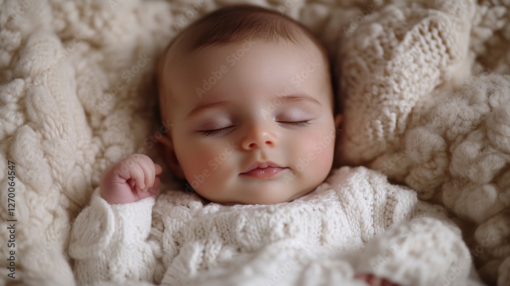 Peaceful Baby Sleeping Soundly on a Soft White Knitted Blanket in a Studio Setting Peaceful Baby Sleeping Soundly on a Soft White Knitted Blanket in a Studio Setting