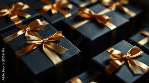 Elegant gifts: Dark wrapped presents adorned with shimmering gold ribbons evoke luxury and celebration.