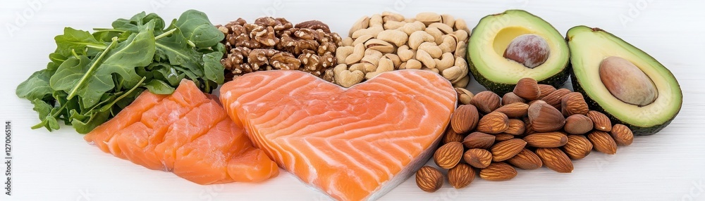 Embrace healthy eating with a heart-shaped ketogenic diet concept This image showcases a beautiful heart-shaped arrangement of ketogenic low-carb foods Fresh fish, creamy avocados, crunchy nuts like Embrace healthy eating with a heart-shaped ketogenic diet concept This image showcases a beautiful heart-shaped arrangement of ketogenic low-carb foods Fresh fish, creamy avocados, crunchy nuts like