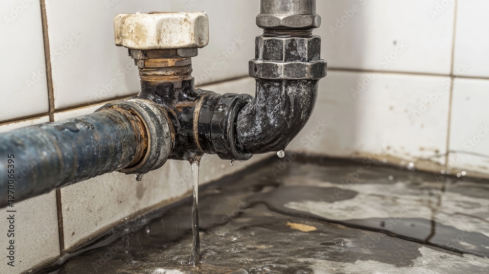 A detailed shot of a pipe joint with water leaking at the connection, highlighting the urgency of repair in a home bathroom setting. A detailed shot of a pipe joint with water leaking at the connection, highlighting the urgency of repair in a home bathroom setting.