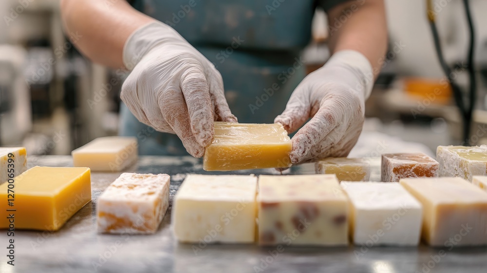 A detailed shot of a soap maker cutting and preparing handmade soap bars, showcasing the process of creating high-quality artisanal soaps. A detailed shot of a soap maker cutting and preparing handmade soap bars, showcasing the process of creating high-quality artisanal soaps.
