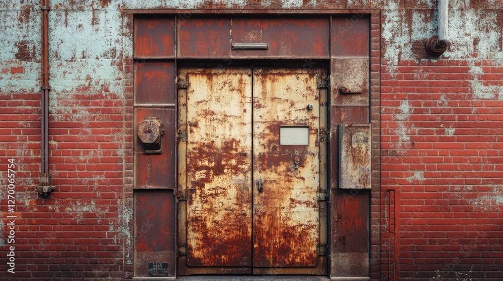 A detailed shot of the entrance to a transformer area with rusty metal doors and a red brick wall, showcasing the industrial texture and feel. A detailed shot of the entrance to a transformer area with rusty metal doors and a red brick wall, showcasing the industrial texture and feel.