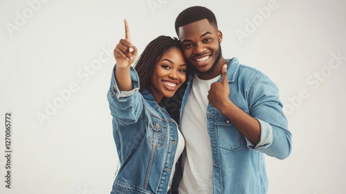 Smiling young African American couples, dressed in denim casual clothes, pose...
