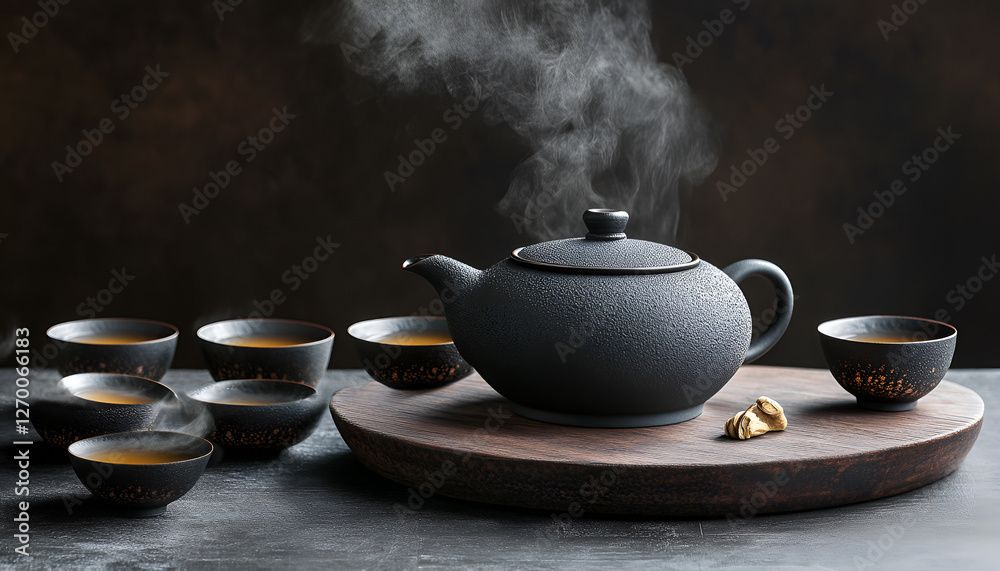 Teapot and tea cups with steaming fresh tea. Traditional japanese chinese iron teapot and ceramic teacups, asian tea set on dark background, copy space Teapot and tea cups with steaming fresh tea. Traditional japanese chinese iron teapot and ceramic teacups, asian tea set on dark background, copy space