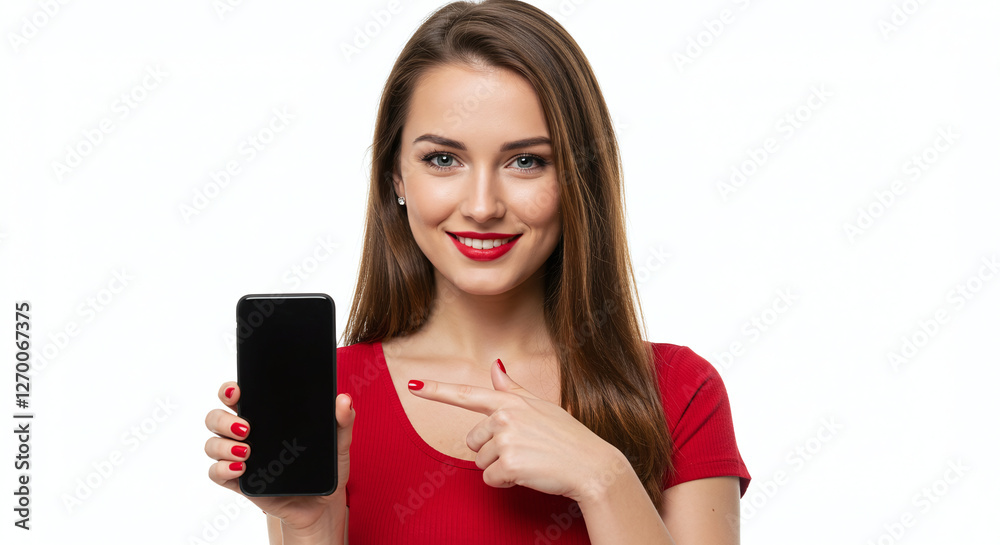 Young Woman Pointing at a Black Smartphone Screen Young Woman Pointing at a Black Smartphone Screen