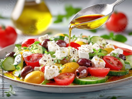 Indulge in the vibrant flavors of the Mediterranean with this classic Greek salad, showcasing plump kalamata olives, creamy feta cheese, and the freshest, most colorful vegetables imaginable Drizzled
