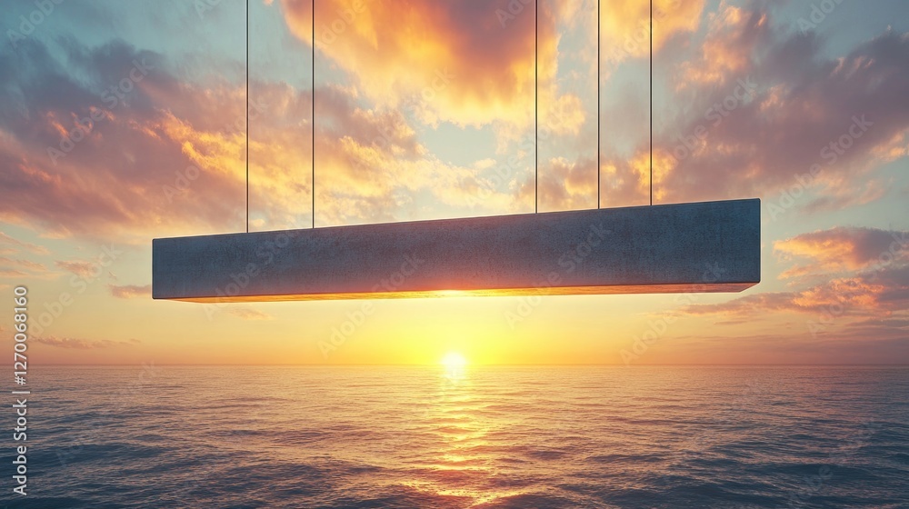 A large rectangular beam suspended in the air against a breathtaking sunset over the ocean, symbolizing ambition and the power of construction projects in an inspiring setting. A large rectangular beam suspended in the air against a breathtaking sunset over the ocean, symbolizing ambition and the power of construction projects in an inspiring setting.