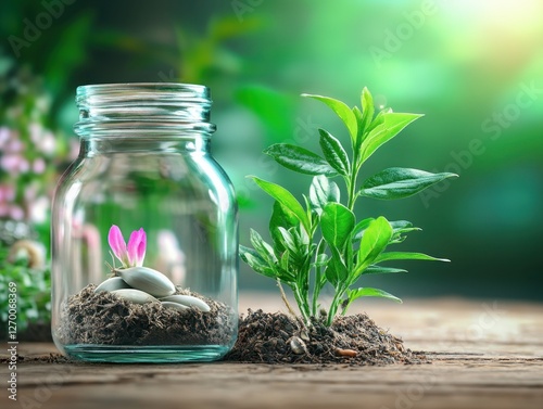 Sustainable Agriculture Exploring the Potential of Compostable Plastic Under Planting Soil with a Growing Seed This image showcases renewable materials in agriculture and the impact of biodegradable