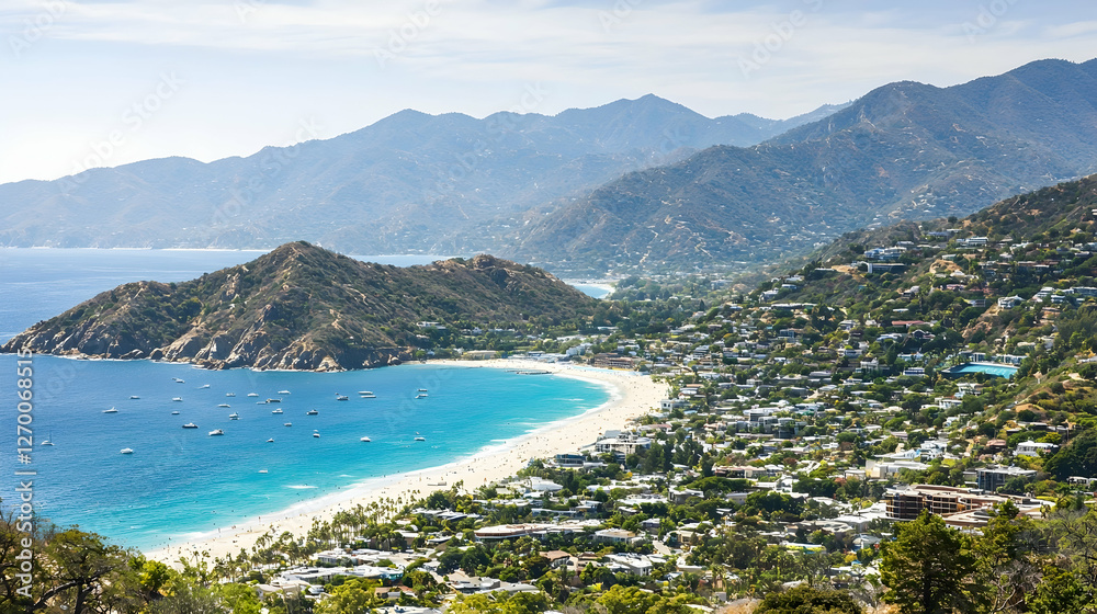 Obraz premium Coastal Town, Mountain View, Boats at Anchor, Turquoise Bay, Vacation Destination