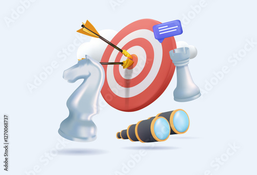 Success strategy, plan ahead to win business competition, 3D illustration, leadership vision or looking for opportunity, competitor analysis concept, chess figures with binocular to look ahead