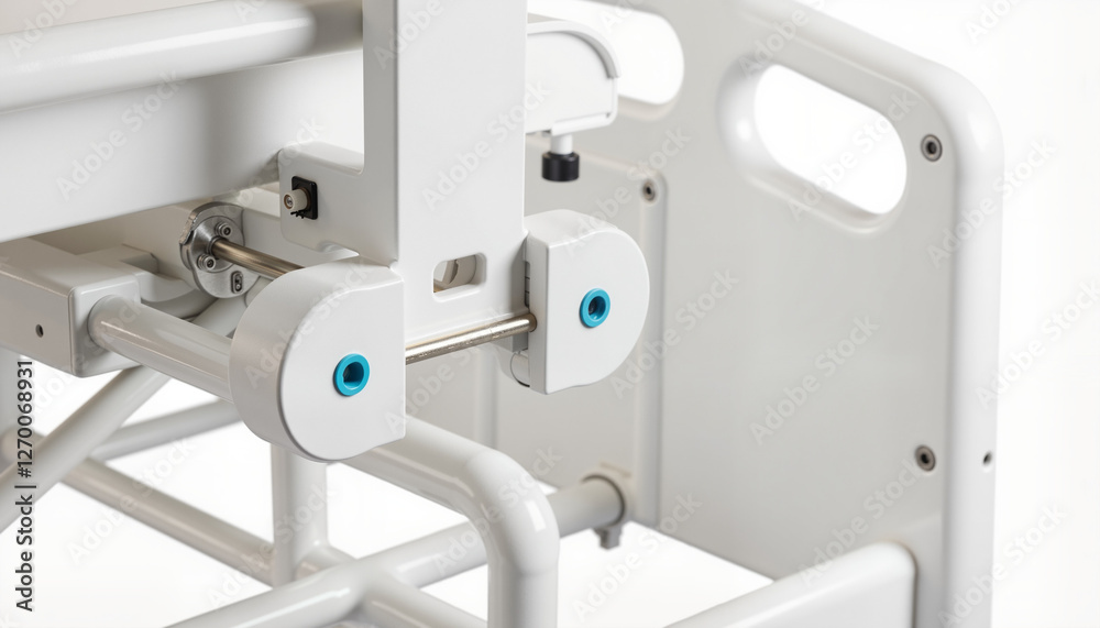 Close-up of hospital bed mechanism showing wheels and structure on white background for medical equipment concepts Close-up of hospital bed mechanism showing wheels and structure on white background for medical equipment concepts