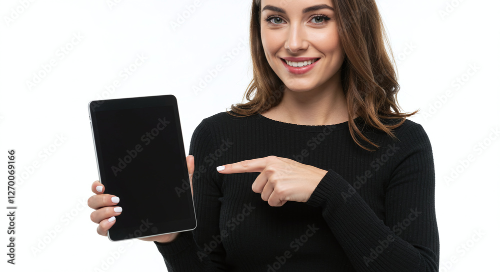 Fototapeta premium Young Woman Pointing at a Black Tablet Screen