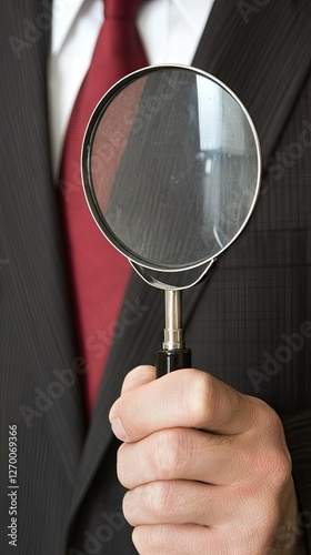 Business person holds magnifier for closer inspection, review or search, audit, in office