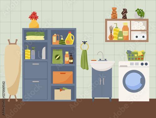 Interior of a home laundry room. Accessories for washing and ironing clothes. Washing machine, laundry basket, hygiene items. Ironing board and iron. Cabinet and shelf with hygiene items. Vector