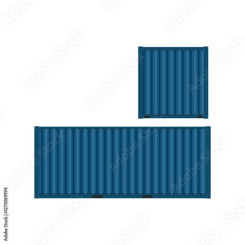 Vector illustration of logistic blue cargo container in cartoon flat style. Front, side back and perspective view. Shipping, transportation and delivery concept. 