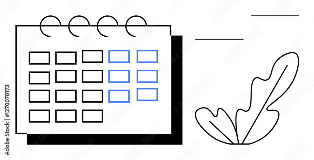 Page-style calendar with grid, some dates highlighted. Abstract leaf illustration adjacent. Ideal for schedule, planning, organization, deadlines, nature balance eco-friendly concepts. Clean Page-style calendar with grid, some dates highlighted. Abstract leaf illustration adjacent. Ideal for schedule, planning, organization, deadlines, nature balance eco-friendly concepts. Clean