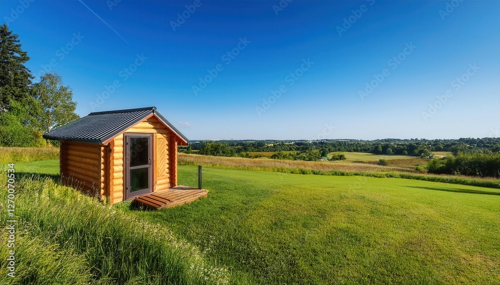 Small wooden cabin in a picturesque rural landscape surrounded by open fields Small wooden cabin in a picturesque rural landscape surrounded by open fields