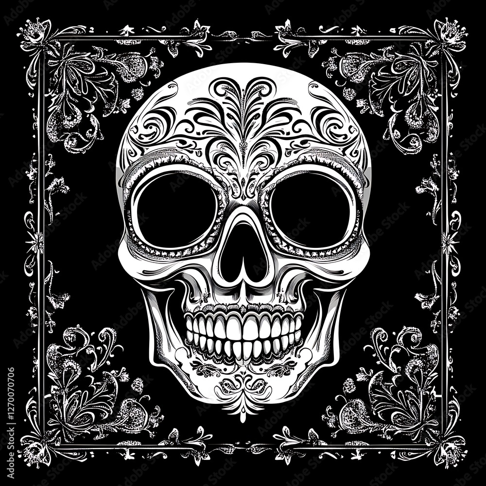 Fototapeta premium Ornate Sugar Skull Design, Day of the Dead, Mexican Heritage, Black Background, Print