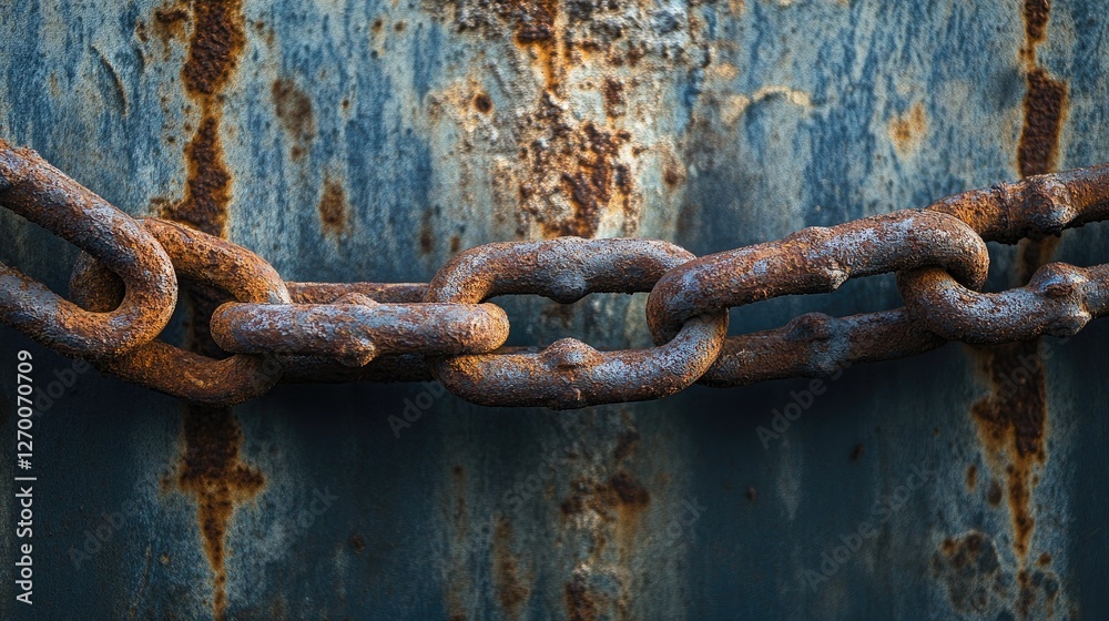 A rusty, aged chain hanging from an industrial metal surface, with corrosion marks and worn textures highlighting decay and disuse. A rusty, aged chain hanging from an industrial metal surface, with corrosion marks and worn textures highlighting decay and disuse.