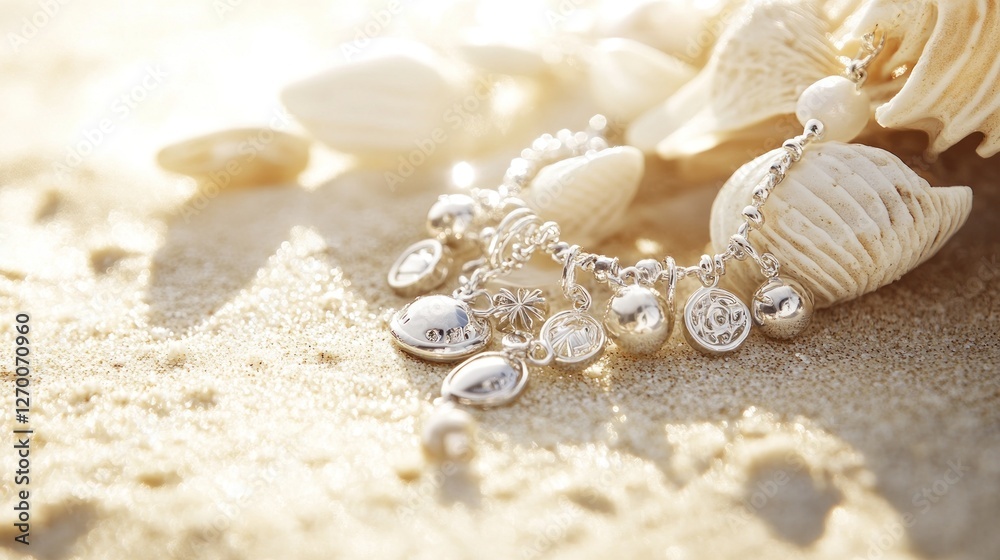 Elegant Silver Charm Bracelet Adorned with Seashells on Sandy Beach Elegant Silver Charm Bracelet Adorned with Seashells on Sandy Beach