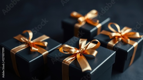 Four elegantly wrapped gifts, adorned with shimmering golden ribbons, sit against a dark background. Luxurious presents.