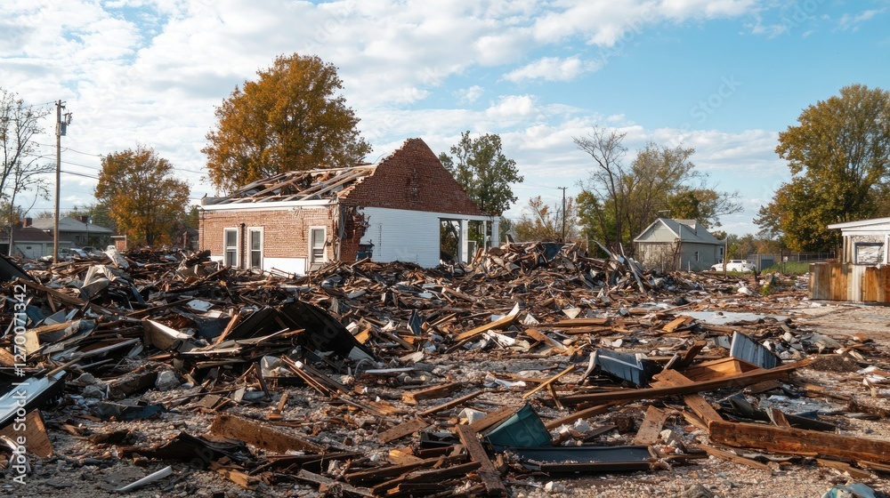 A side view of a destroyed building debris, with broken structure elements lying in disarray, emphasizing the destruction of the site. A side view of a destroyed building debris, with broken structure elements lying in disarray, emphasizing the destruction of the site.