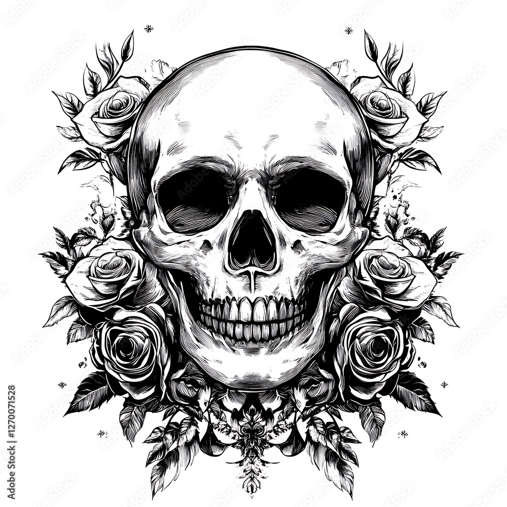 Fototapeta premium Skull with Roses Graphic Design