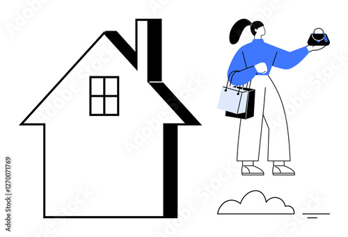 Woman carrying shopping bags standing next to a house outline. Ideal for real estate, home buying, shopping, lifestyle, consumer behavior, personal finance, and homeownership concepts. Modern