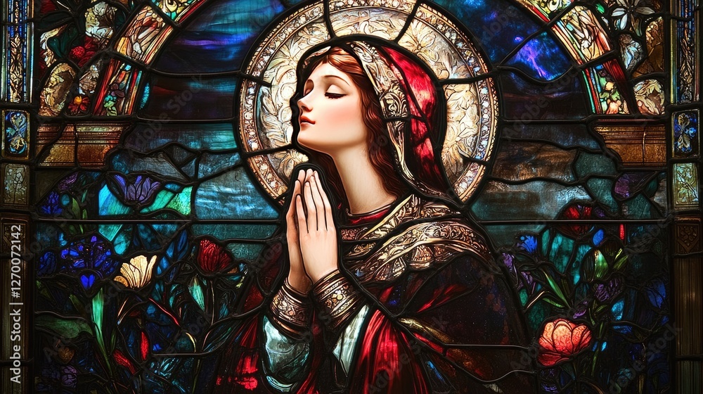 Obraz premium A stunning stained glass window depicting a praying saint, with intricate details and radiant, colorful light streaming through, filling the space with serenity.
