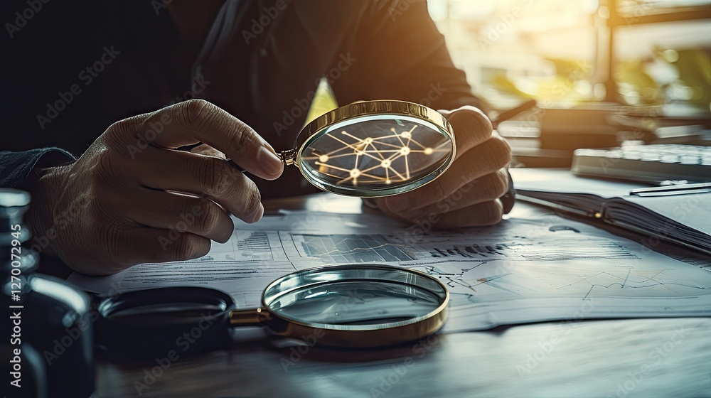 Fototapeta premium Analyzing network with magnifying glass for trends. Home office. Use in business