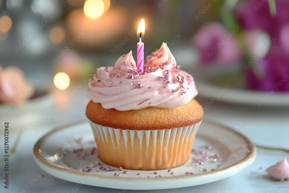 Cupcake with lit candles and a sprinkle of joy for a sweet birthday moment Cupcake with lit candles and a sprinkle of joy for a sweet birthday moment