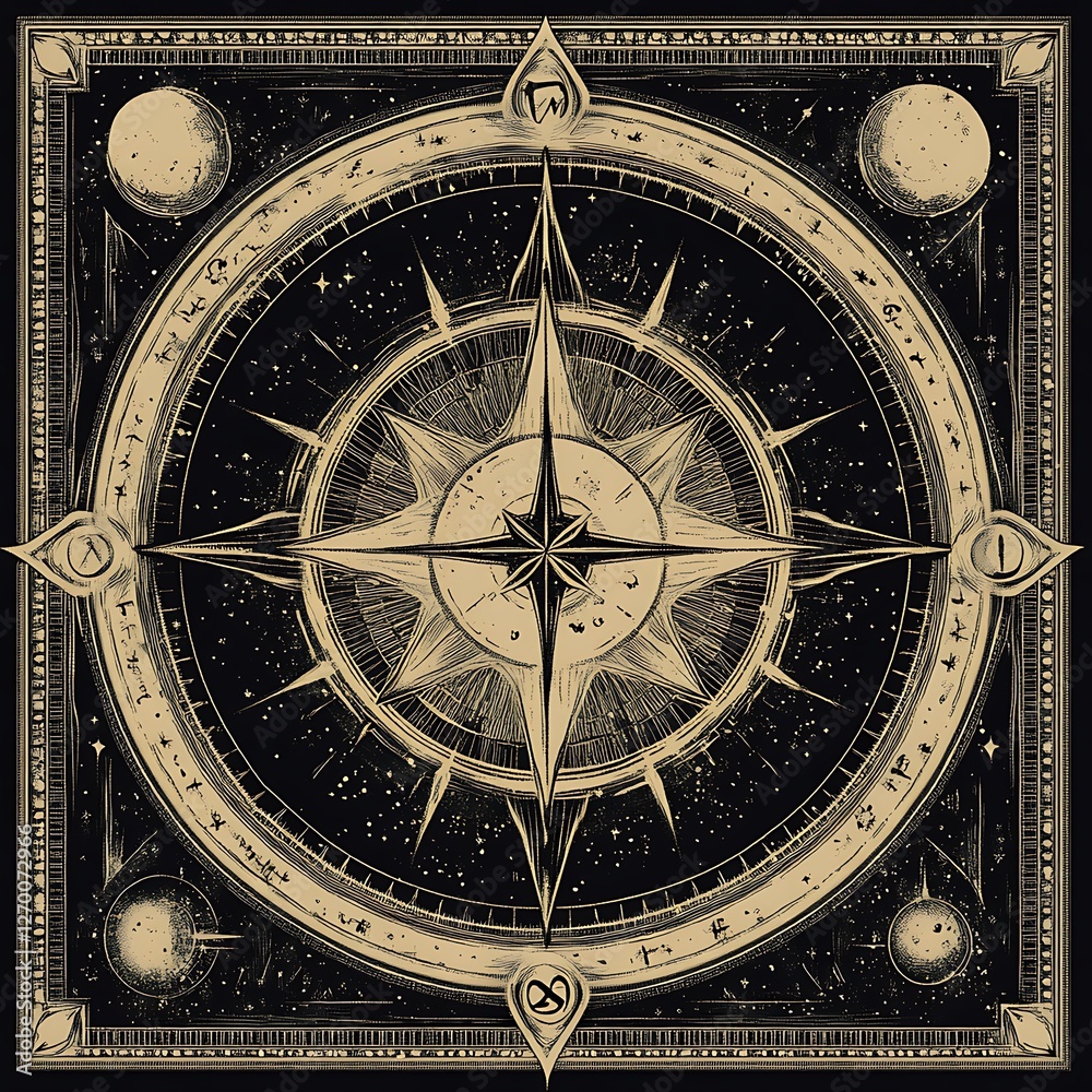 Obraz premium Vintage compass design, celestial elements, artistic graphic