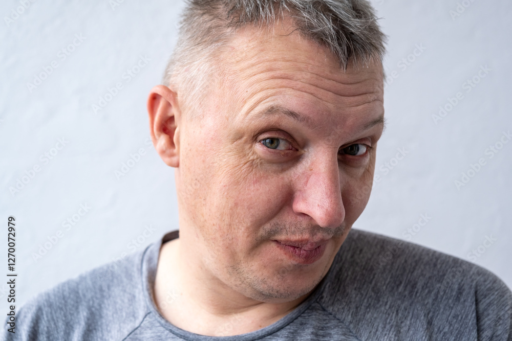 Obraz premium Portrait of a cheerful middle-aged man wearing a gray hoodie, standing against a textured stone wall in natural light.