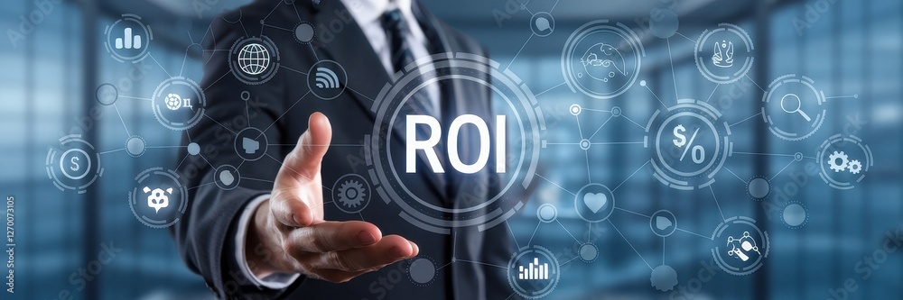 Businessman presenting return on investment with digital business concept Businessman presenting return on investment with digital business concept