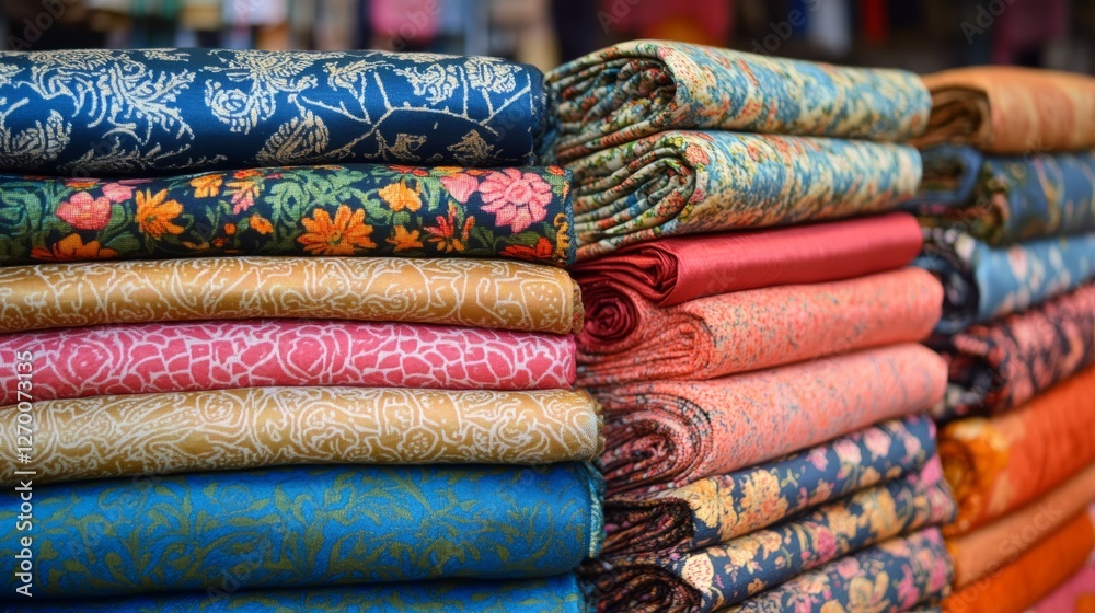 Colorful Stacks Of Folded Fabrics. Textiles With Beautiful Patterns On Display In A Shop Or Market. Colorful Stacks Of Folded Fabrics. Textiles With Beautiful Patterns On Display In A Shop Or Market.