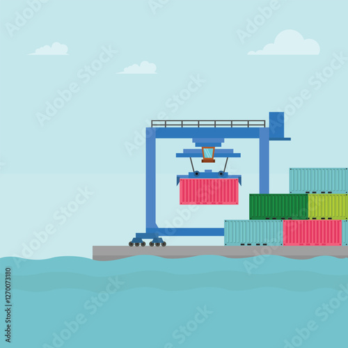 Vector illustration of crane container handler in a port in cartoon flat style. Logistics transportationt container with industrial crane import and export in shipping cargo harbor yard.