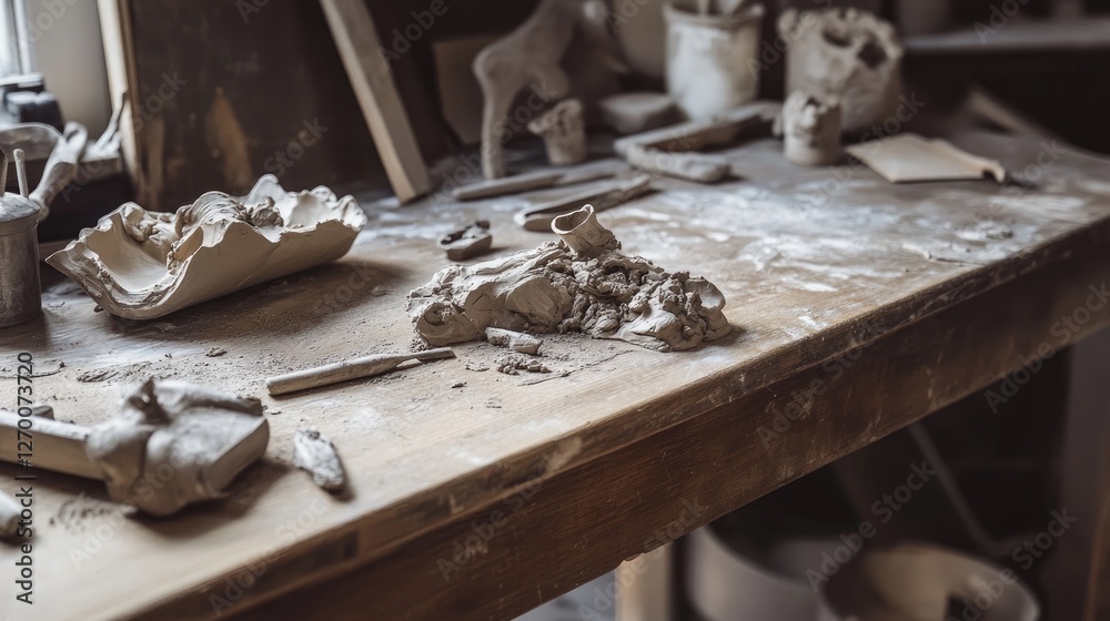 A wooden workbench with sculpting tools embedded in clay, showcasing the detailed and artistic process of creation in the studio. A wooden workbench with sculpting tools embedded in clay, showcasing the detailed and artistic process of creation in the studio.
