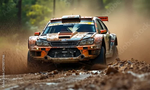 Rally car navigating muddy forest track photo