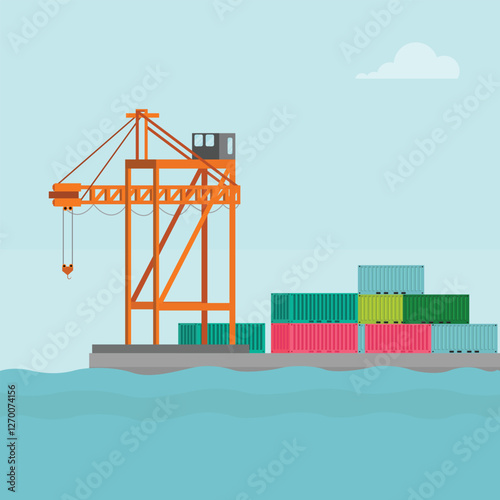 Vector illustration of crane container handler in a port in cartoon flat style. Logistics transportationt container with industrial crane import and export in shipping cargo harbor yard.