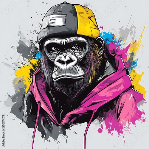 Fototapeta samoprzylepna Gorilla in trendy outfit, urban style, abstract background, poster design