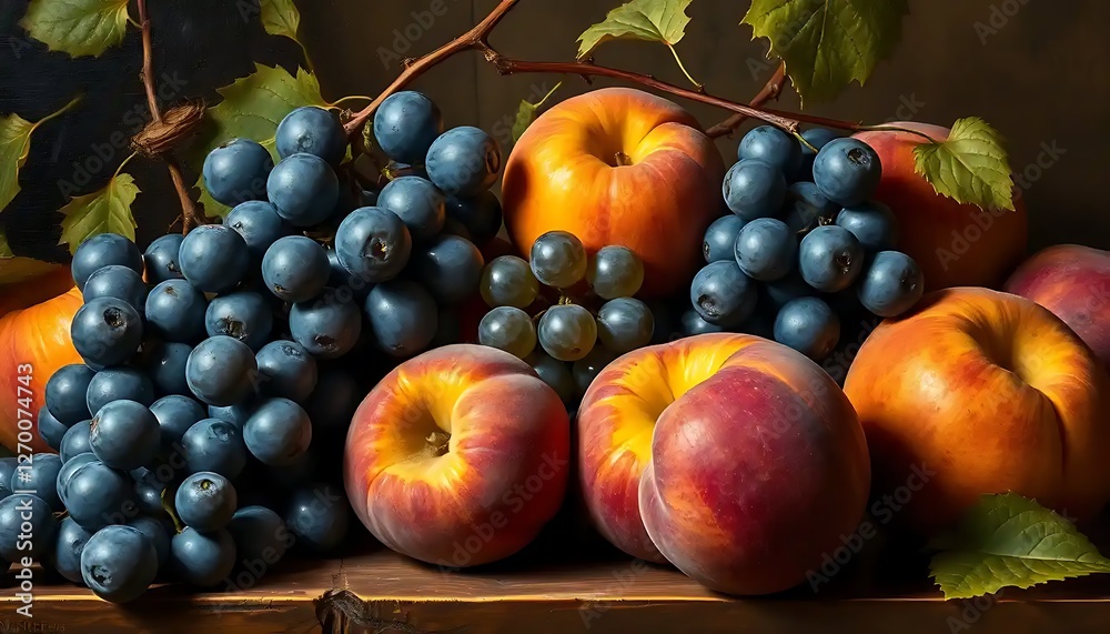 A vibrant still life featuring peaches and bunches of dark grapes A vibrant still life featuring peaches and bunches of dark grapes