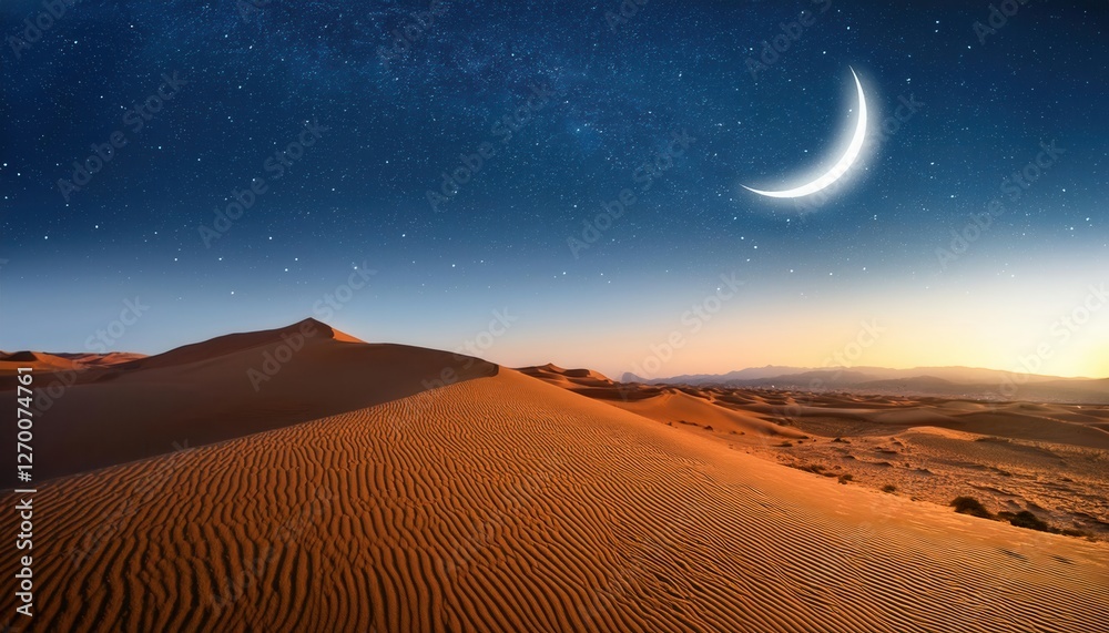 Twinkling Stars and Crescent Moon Over a Peaceful Desert Scene Twinkling Stars and Crescent Moon Over a Peaceful Desert Scene