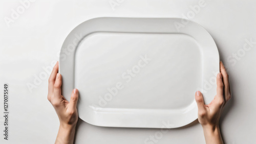 Minimalist Hands Holding a White Plate on a Bright Background