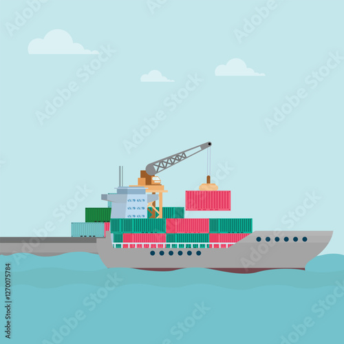 Vector illustration of crane container handler in a port in cartoon flat style. Logistics transportationt container with industrial crane import and export in shipping cargo harbor yard.