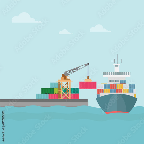 Vector illustration of crane container handler in a port in cartoon flat style. Logistics transportationt container with industrial crane import and export in shipping cargo harbor yard.